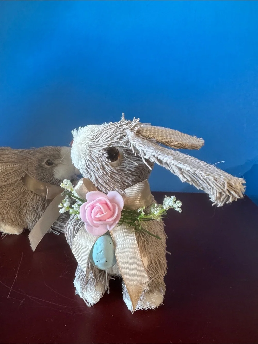 Pair of Easter Bunny Plush Figurines with Pink Rose Accents - Taupe